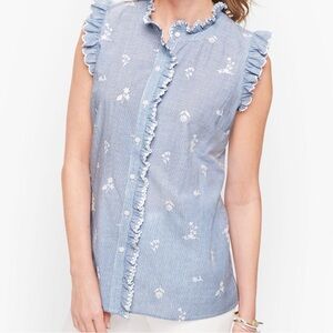 Talbots MPetite Sleeveless Striped Embroidered Ruffle Blouse Womens  Blue White